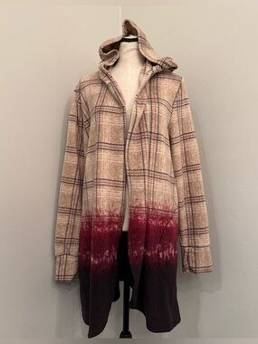 Cuddl Duds Hooded Cardigan 2X Plaid Dip Dye Burgundy Beige Cozy Duster Jacket
